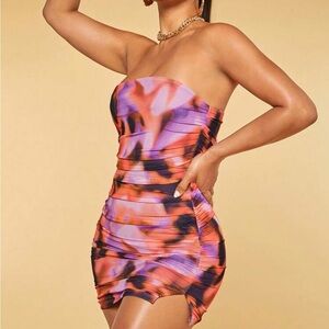 Vibrant Strapless Dress in Purple and Orange